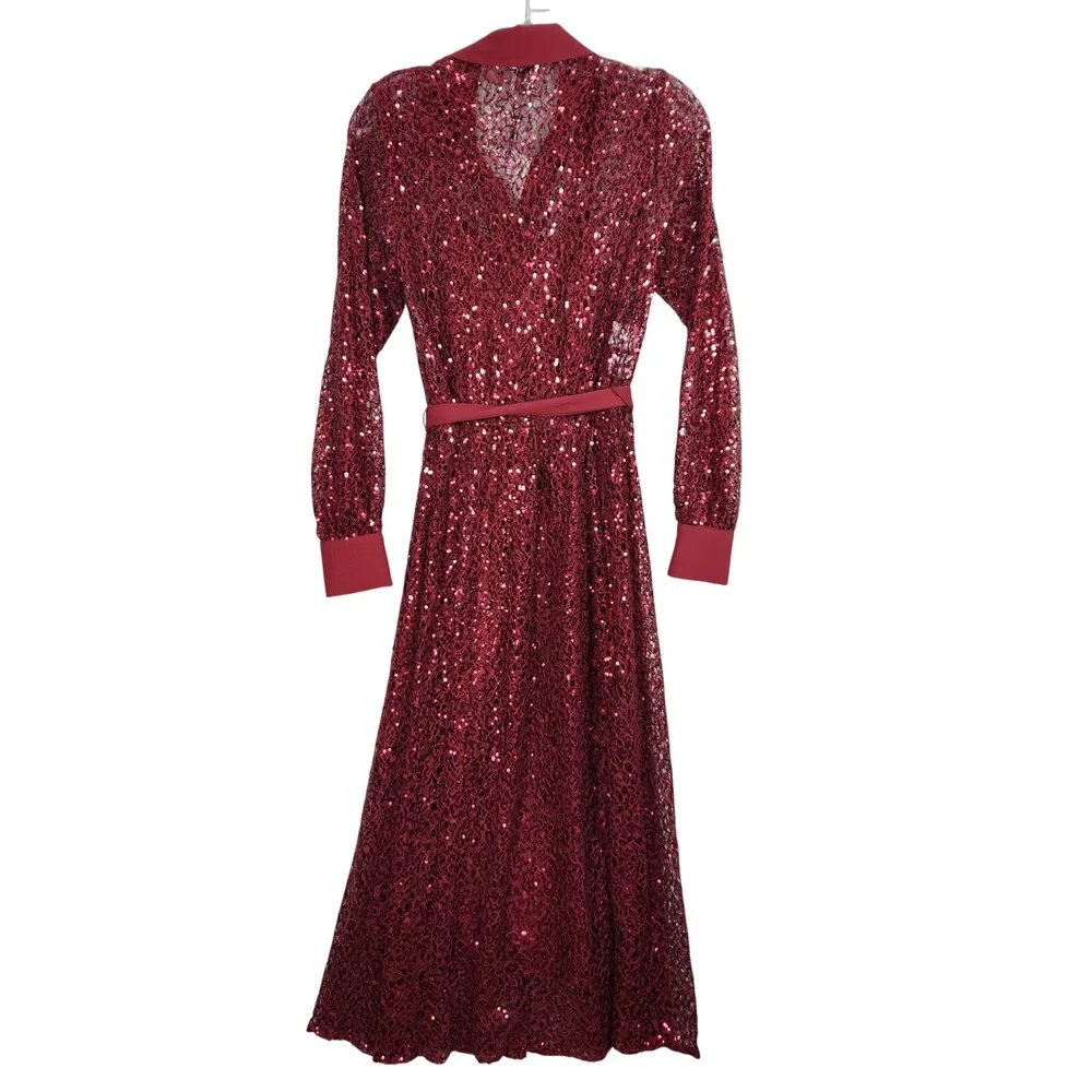 Anne Klein Sequin‎ Lace Shirt Dress Womens 2 Red Cabernet Holiday Party Elegant